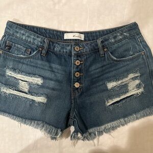 Kancan Distressed Frayed Button Fly Jean Shorts Size 11 /29 Low Rise/ Retail $80